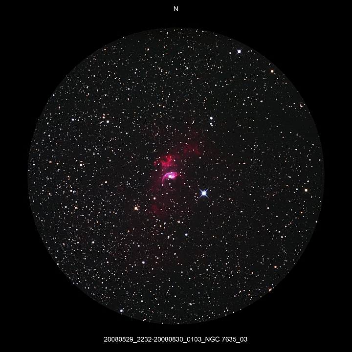 20080829_2232-20080830_0103_NGC 7635_03.JPG -  Cas Newton d 309,5 / af 1623 & Coma Corrector CANON-EOS5D (AFC-Filter) 800 ASA no add. filter 10 light-frames 360s, auto dark, 5 flat, 10 bias Guidemaster, DSS, Canon-RAW-Image, Adobe-PS-CS3 thin upper fog  